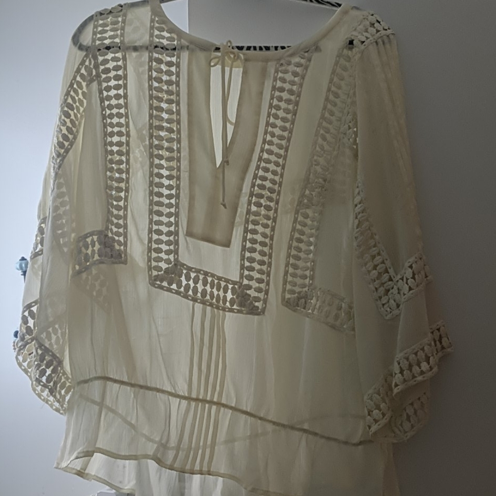 Daniel Rainn Boho Sheer Peasant Cinch Blouse Top